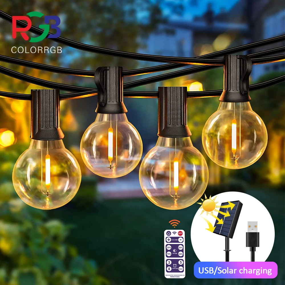 12M 30 LED G40 Luci a corda solari Luci da patio per esterni Luci a sospensione a globo impermeabili alimentate a energia solare e USB con infrangibile