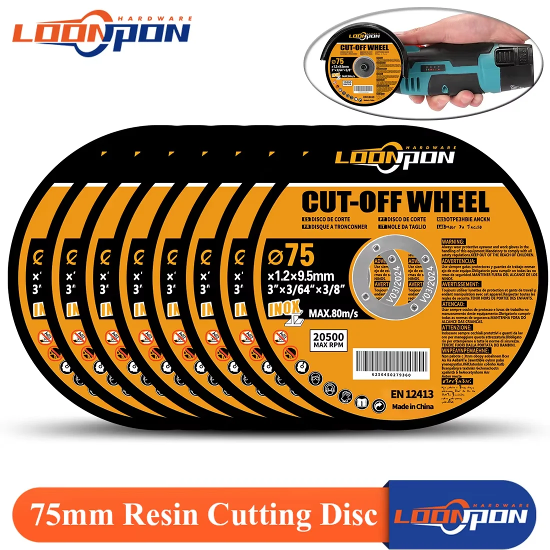 Loonpon 75mm/3inch Resin Cutting Disc 9.5mm Bore Circular Saw Blade Cut Off Wheel Angle Grinder Discs for Metal Stainless Steel