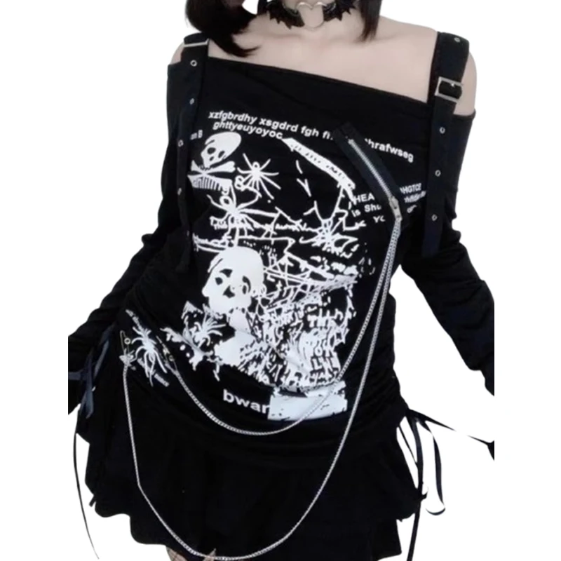 Y2K 女性服難解なステッチ Tシャツ 2024 ゴスパンクオフショルダー長袖カジュアルヴィンテージセクシーなストリートスカルトップス