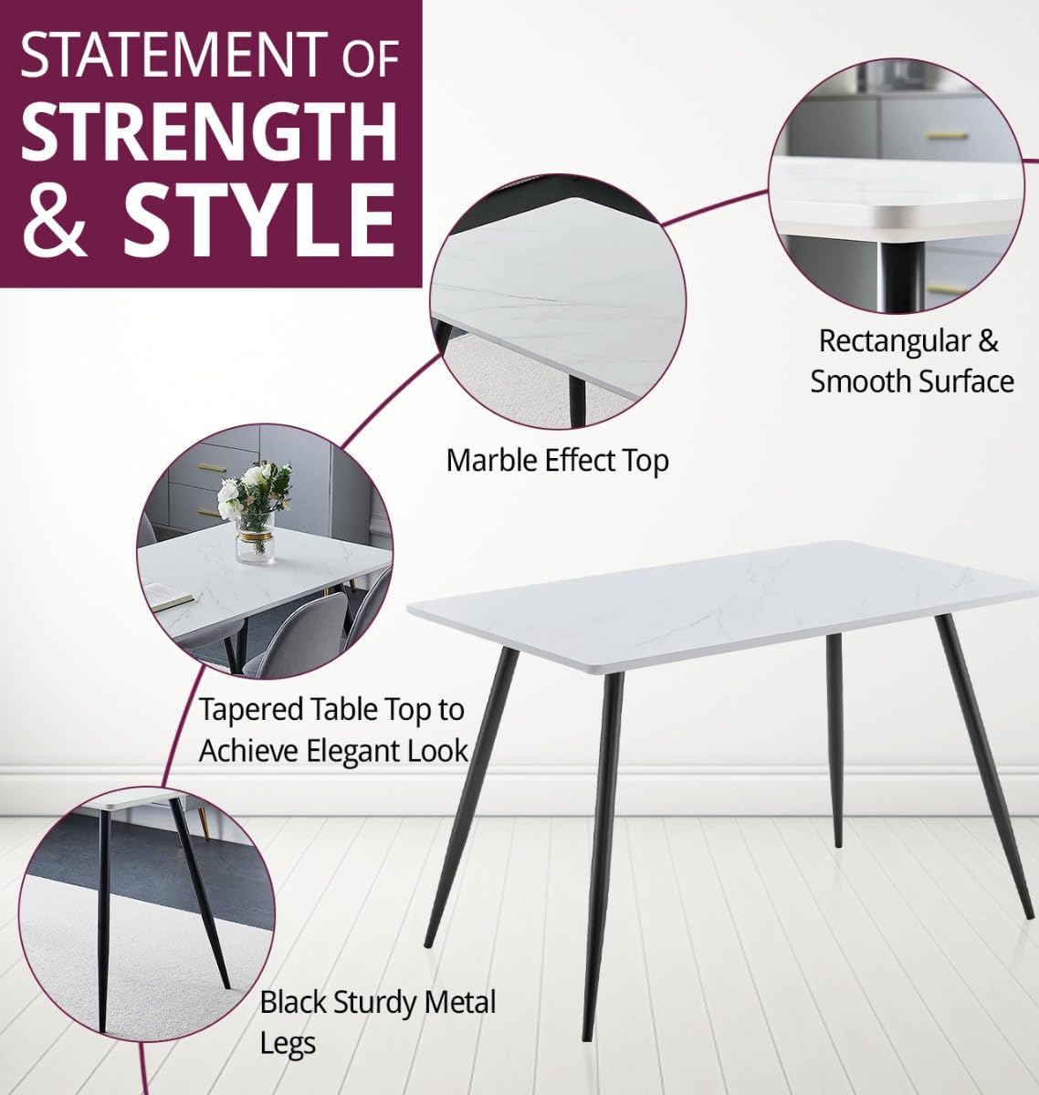 Furniture Cullompton Small Table, Rectangular Dining Table, Kitchen Table with White Marble Effect Top and Black Legs,