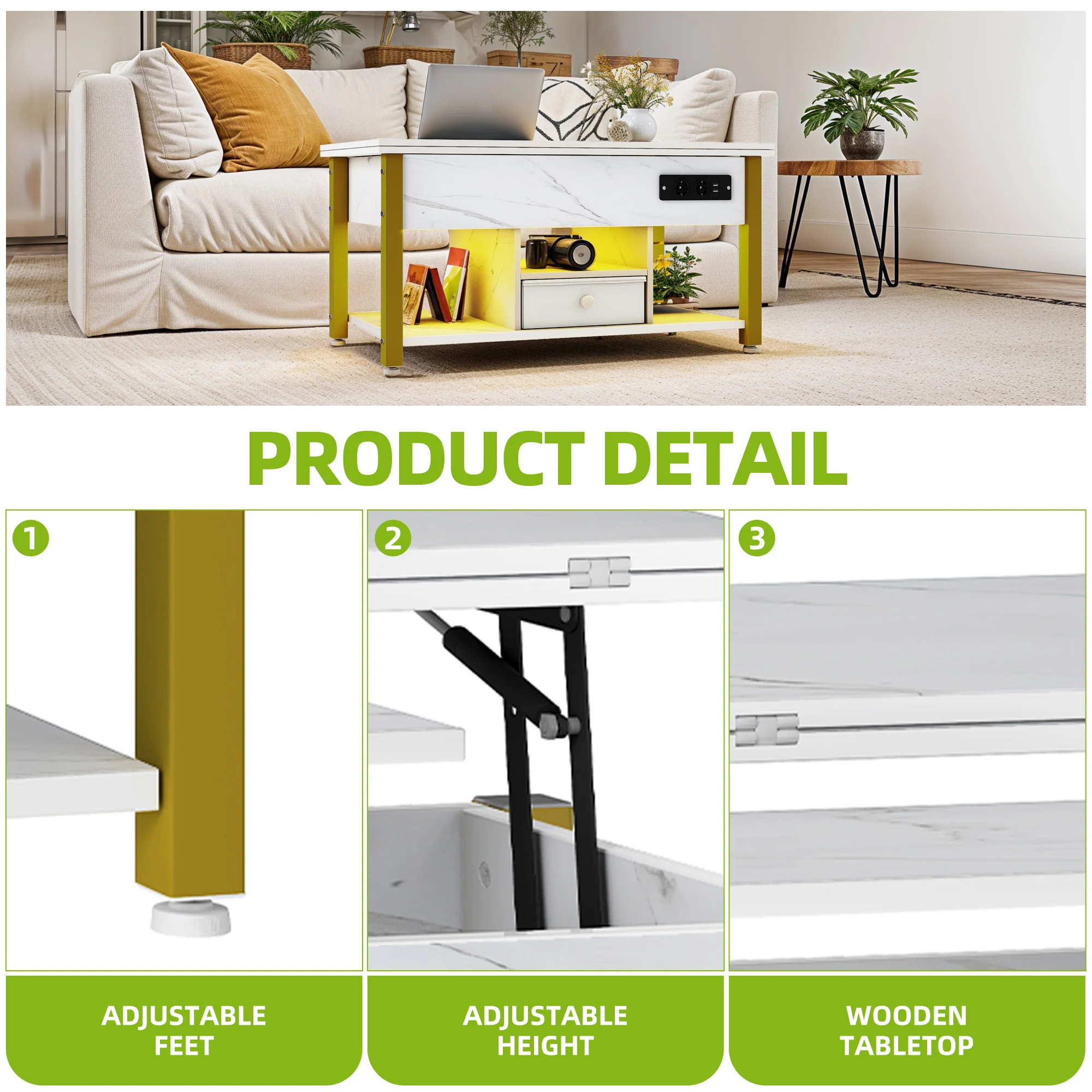 YITAHOME Table basse 4 en 1 en marbre blanc – Hauteur réglable, convertit en table à manger avec rangement et éclairage LED