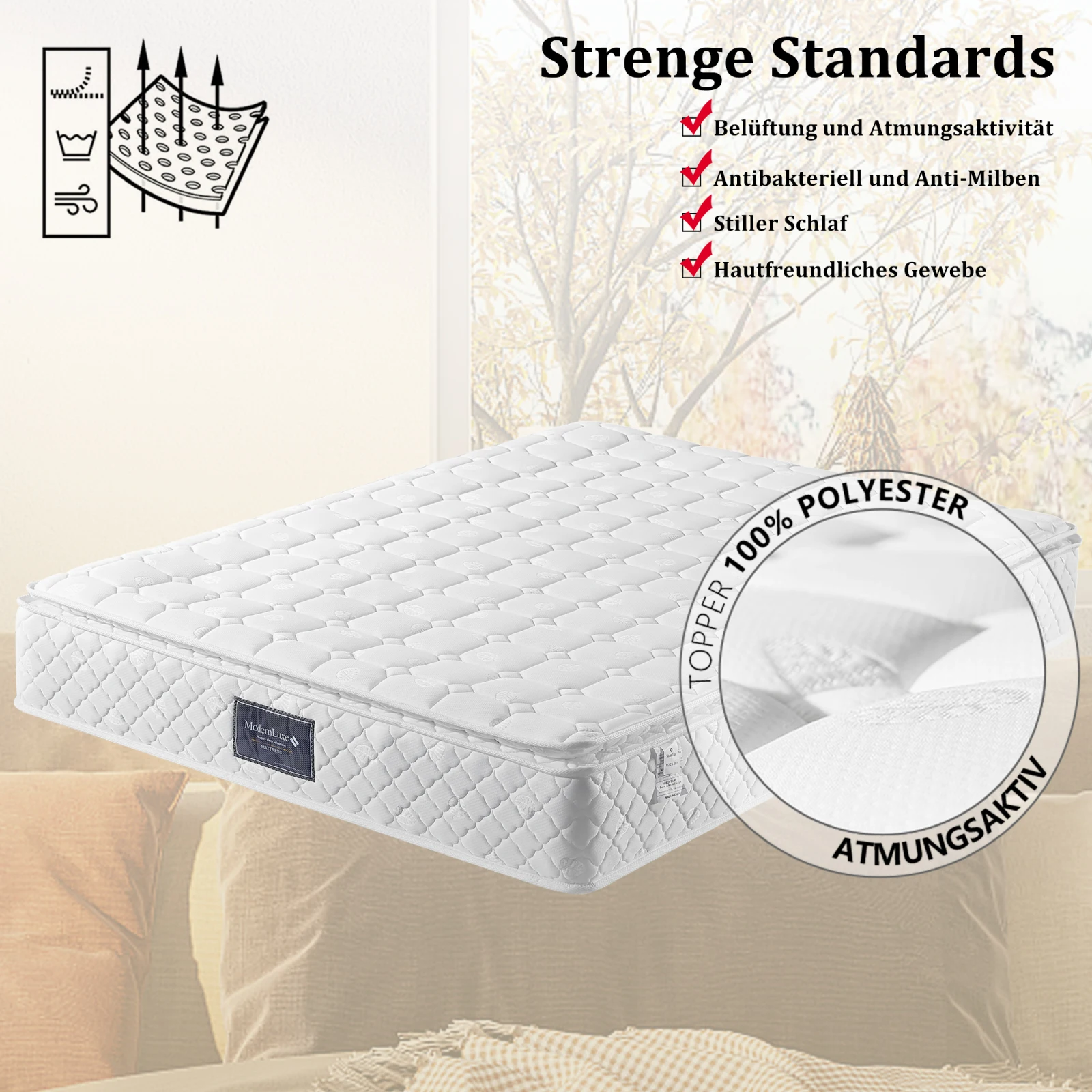 Colchón Rosahqnda Colchón de muelles pocket 90/140/160 x 200 cm, certificado Oeko-Tex/ergonomico, espuma fría de 7 zonas, 25 cm de altura