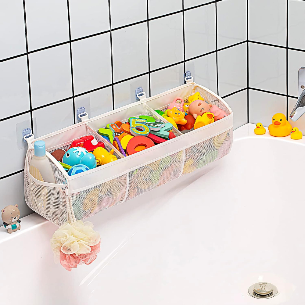 Organizador de juguetes de baño con aberturas grandes horizontales de 3 compartimentos para bañera, almacenamiento y soporte para baño mejorado de capacidad, clasificación fácil