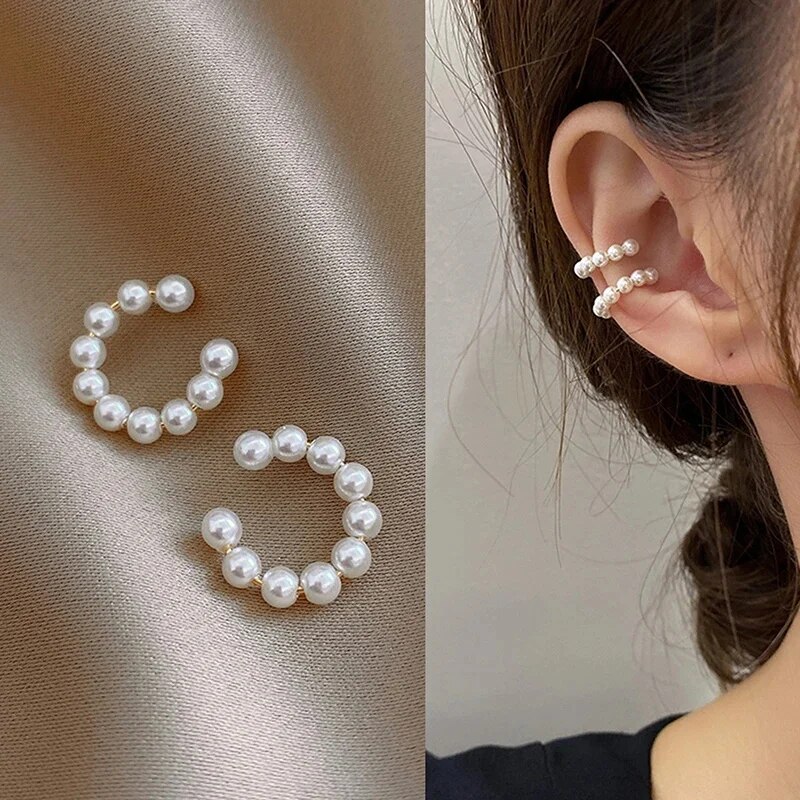 Pendientes coreanos elegantes de perlas de imitación para mujer, pendientes en forma de C con Clip, orejera sin perforación, pendientes minimalistas, joyería de moda