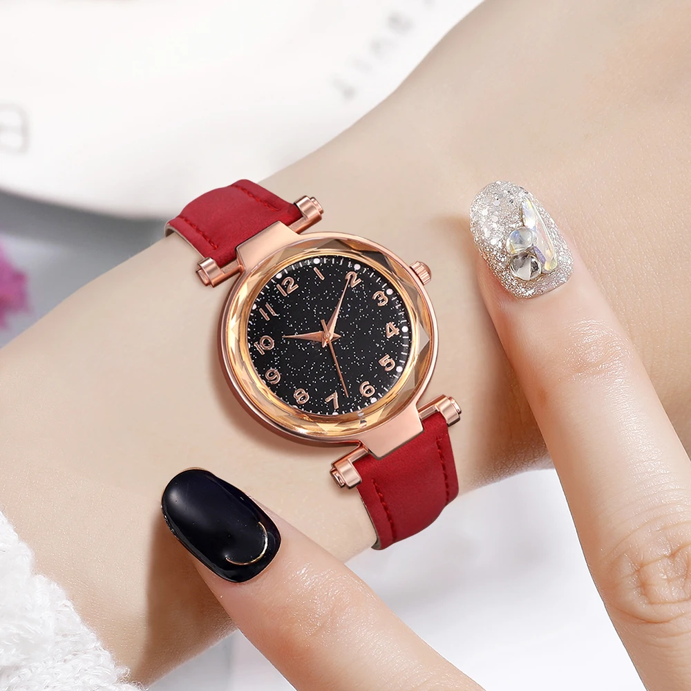 6 pçs/set relógio feminino vermelho com elementos minimalistas dial relógio de quartzo pulseira de látex elementos cereja conjunto de jóias presente da menina