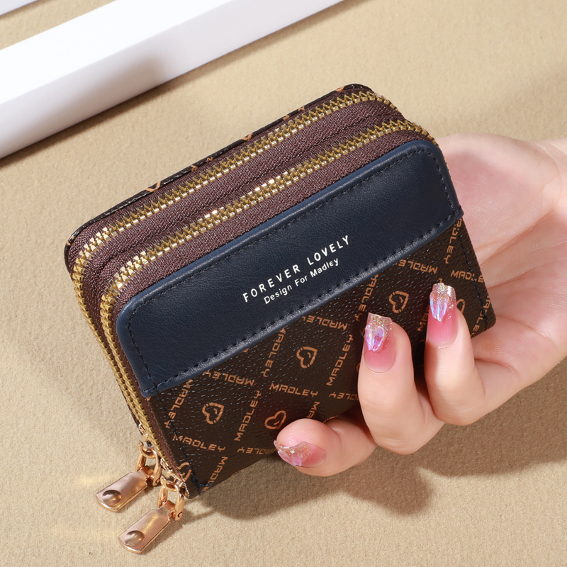 Mini portafoglio con protezione RFID-Chic in ecopelle con doppia cerniera, più slot per schede e tasca antiscivolo, pochette classica compatta