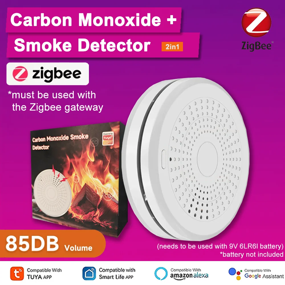 Tuya Zigbee 2 ใน 1 รุ่นสมาร์ท CO และเครื่องตรวจจับควันควันไฟเสียง Alarm Sensor เครื่องตรวจจับก๊าซคาร์บอนมอนอกไซด์สมาร์ทบ้าน