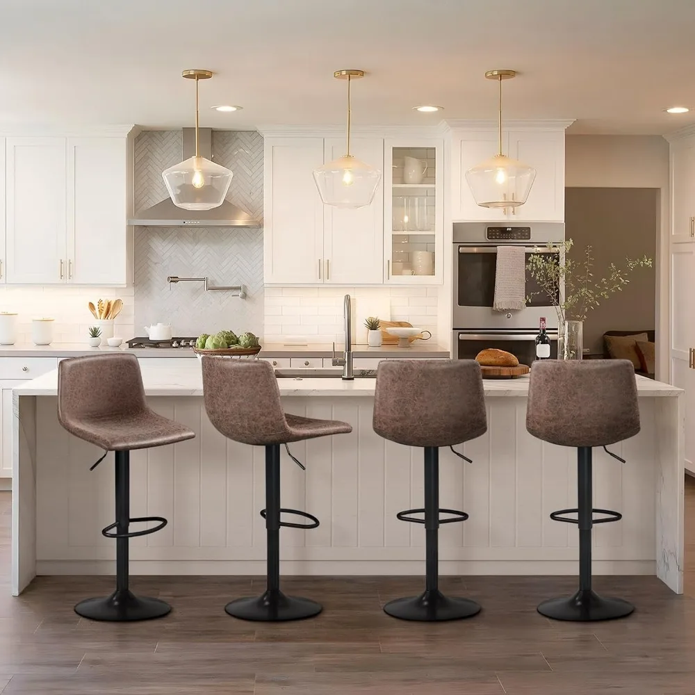Bar Stools Set of 4, Armless Adjustable Swivel Barstools with Back and Footrest, PU Leather Counter Height Bar Chairs Brown