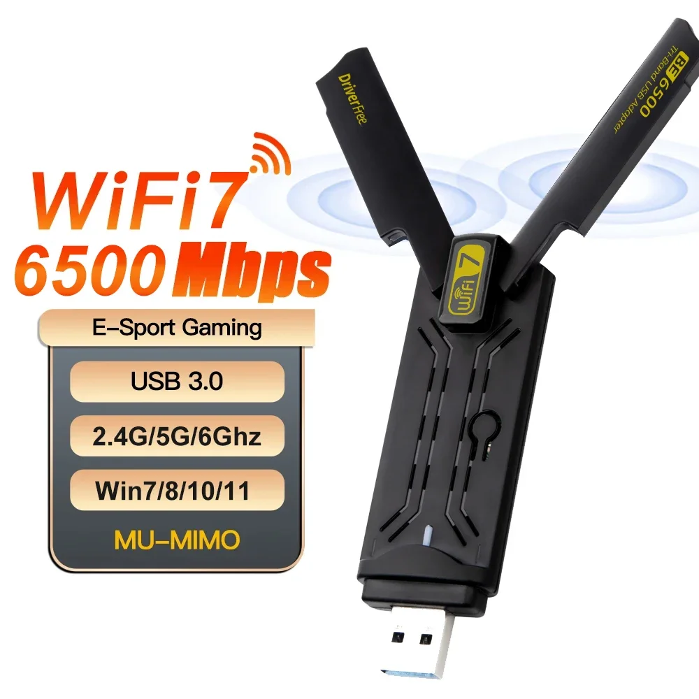 Adaptador Ethernet WiFi 7, 6500Mbps, USB 3,0, tarjeta de red inalámbrica, receptor de Triple banda para PC/portátil, Windows 10/11, sin controlador