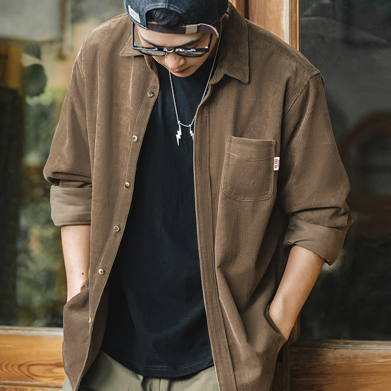 Maden Herrenhemd Casual Cord Langarmhemden Slim Fit Mantel Frühling Fleecejacke Herrenbekleidung Retro Mode Blusen