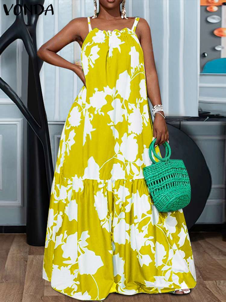 VONDA-女性のボヘミアンドレス,ラージサイズ,ノースリーブ,ヴィンテージプリント,マキシ,ロングサマードレス,セクシーなストラップ,カジュアル,ルーズ,フリル,ビーチウェア