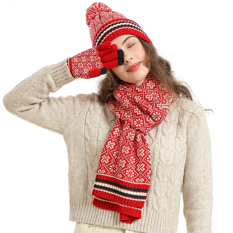 Conjunto de forro polar para mujer, forro polar, guantes de Telefingers, bufanda gruesa, gorro de Navidad, diseño de nieve, pañuelo para el cuello, 3 piezas, Invierno