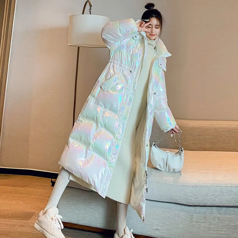 Doudoune brillante d'hiver pour femme, manteau à capuche en coton épais, coupe-vent, imperméable, Parka chaude, pardessus Long, nouvelle collection 2024