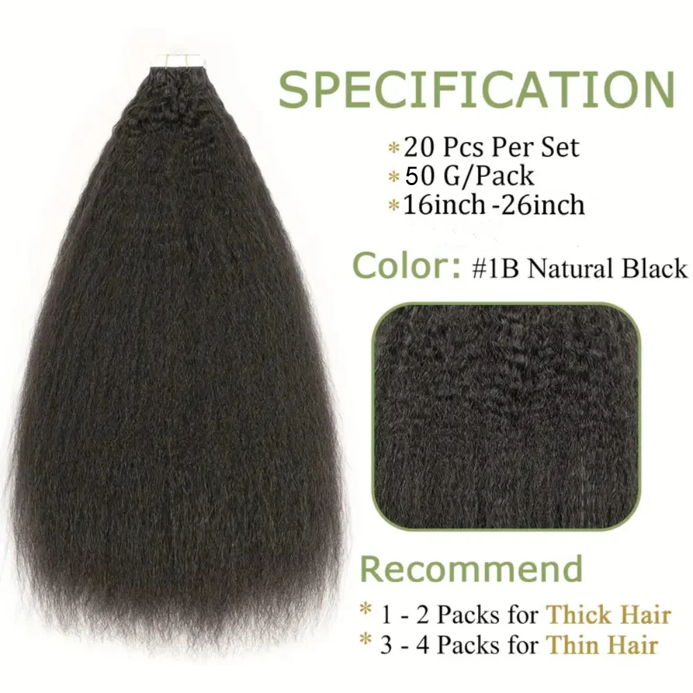 Verworrene gerade unsichtbare Tape-In-Extensions aus 100 % Echthaar, 40,6–66 cm, Hautschuss, natürliches Schwarz, 100 % Remy-Haarkleber, 20 Stück/Packung