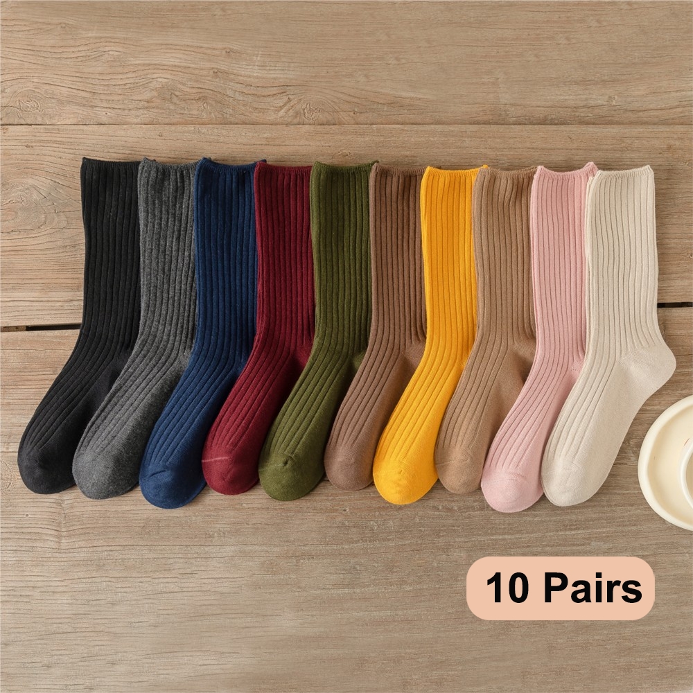 10 pares de calcetines sueltos de algodón Retro para mujer Otoño Invierno tejido Color sólido largo negro rosa coreano japonés estudiantes niñas