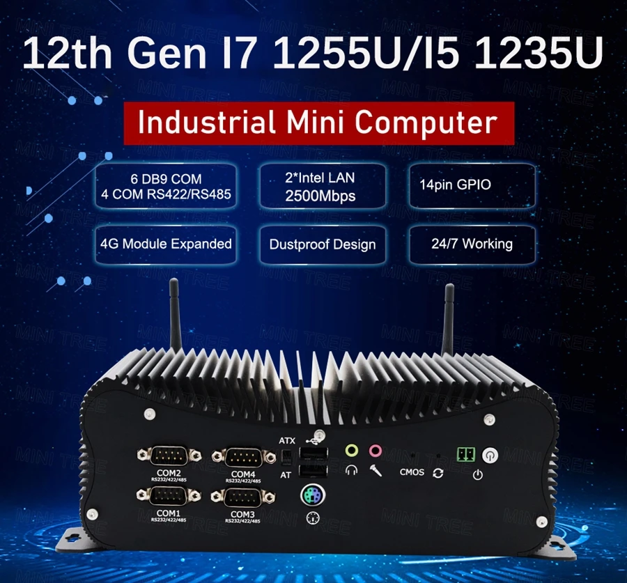 Безвентиляторный встроенный промышленный компьютер 6xCOM Rs232 Core i7-1355U 1260P GPIO 2x2.5G Lan HD VGA 4G SIM Linux Factory Business PC Box