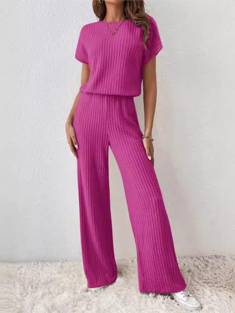 女性春秋の新コレクション無地ファインピットストリップファッションショルダー半袖ニットセットトップパンツ 2 点セット
