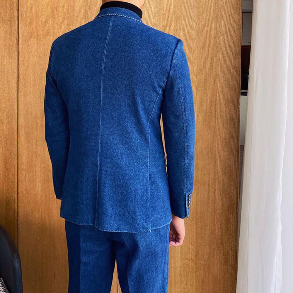 Denim duplo breasted ternos masculinos pico lapela frente plana roupas masculinas de alta qualidade casual 2 peça jaqueta calças define blazer formal