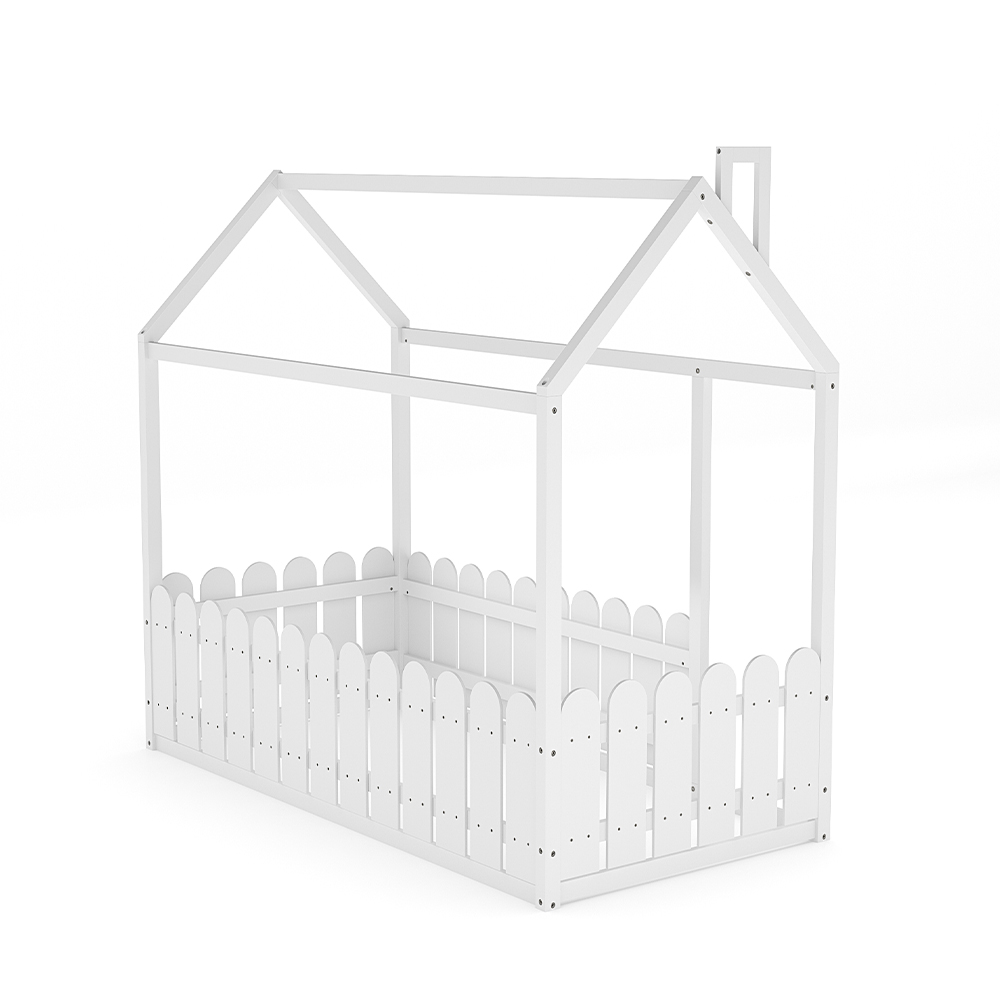 Wooden House Toddler Bed with Fence and Roof
