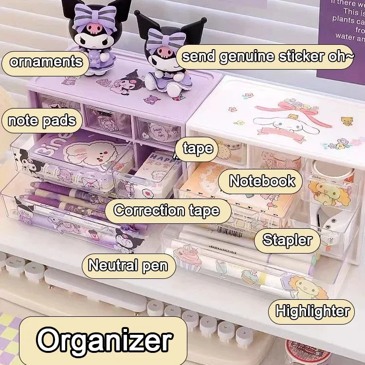 Sanrio 3 Tier Storage Boxes Kuromi Melody Pom Pom Purin Anime Figure Organizer Box Transparent 6 Grid Drawer-Type Storagebox