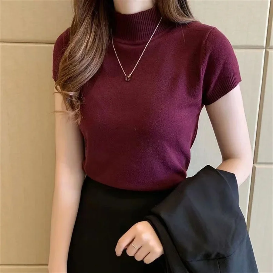 Blusas de moda para mujer, blusas de manga corta para verano, blusa tejida con cuello alto para mujer, blusas para mujer