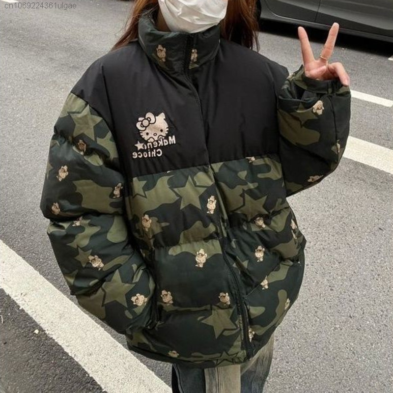 Sanrio Hello Kitty ropa nueva estrella estilo americano suelta Otoño Invierno chaquetas acolchadas de algodón mujeres camuflaje abrigo de moda pareja