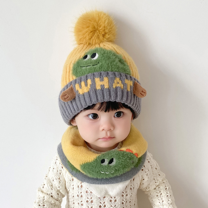 Doitbest 2-teiliges Pompom-Set für Kinder, Mütze, Schal, warme Buchstaben, gestrickt, Kindermütze für Jungen und Mädchen, Mütze, Beanie, Winter-Kindermütze