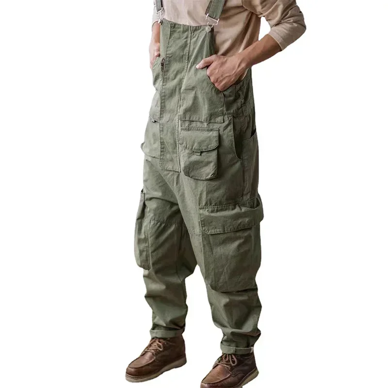 Monos de algodón Retro americano, Baberos, mono holgado para lavar, tirantes para hombre, pantalones holgados de longitud completa para las cuatro estaciones