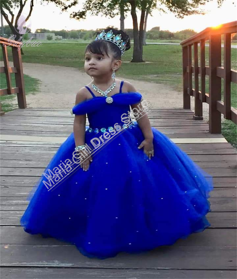Königsblaue Prinzessin Festliche Kleider Tüll Eleganz Blumenmädchenkleider für Hochzeit Taufe Kleinkind Offizielle Veranstaltungen
