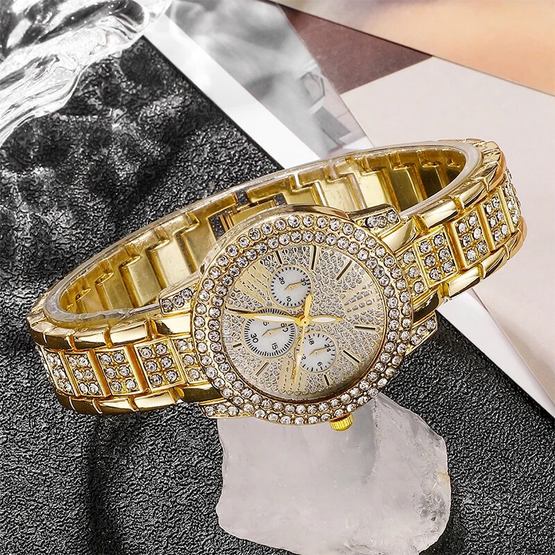 Montre à Quartz Dorée de Luxe pour Femme, Ensemble de Bijoux, Bague, Collier, Boucles d'Oreilles, Strass, Mode Décontractée