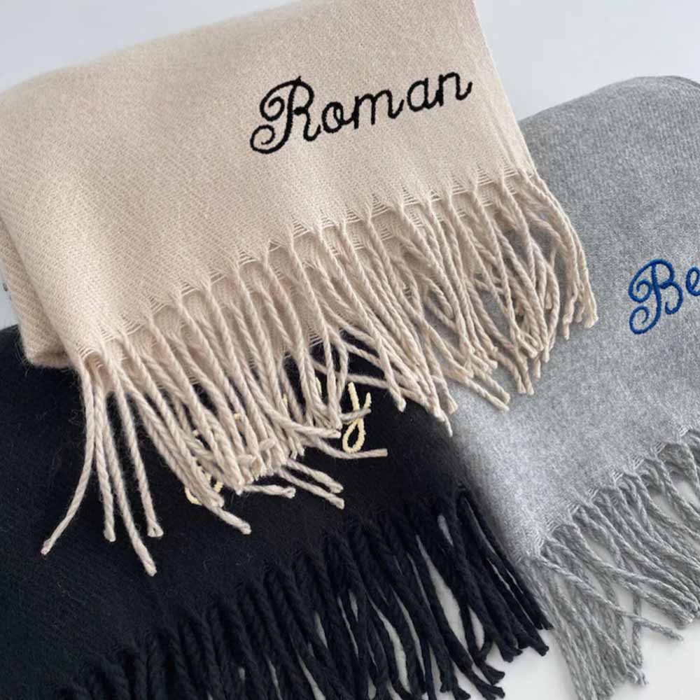 Embroidered Name Ladies Thickened Scarf Custom Name Solid Color Winter Brush Scarf For Women Personalized Birthday Gift Scarf