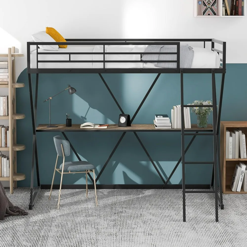 Twin Loft Bed with Desk, Loft Bed Twin Size with Ladder and Full-Length Guardrails, X-Shaped Frame, Black Metal Loft Bed Frame
