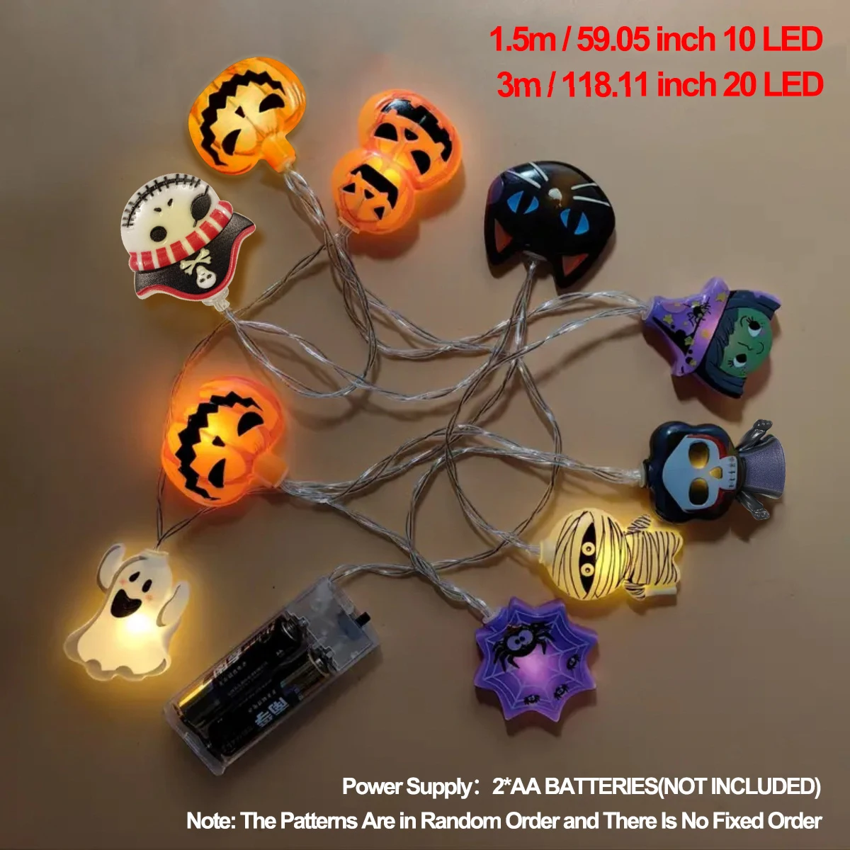 1PC ฮาโลวีน 10/20 LED แบตเตอรี่ขับเคลื่อนไฟ String Ghost แม่มดแมวฟักทอง Spider Web Skeleton Mummy โจรสลัดรูปร่างในร่ม
