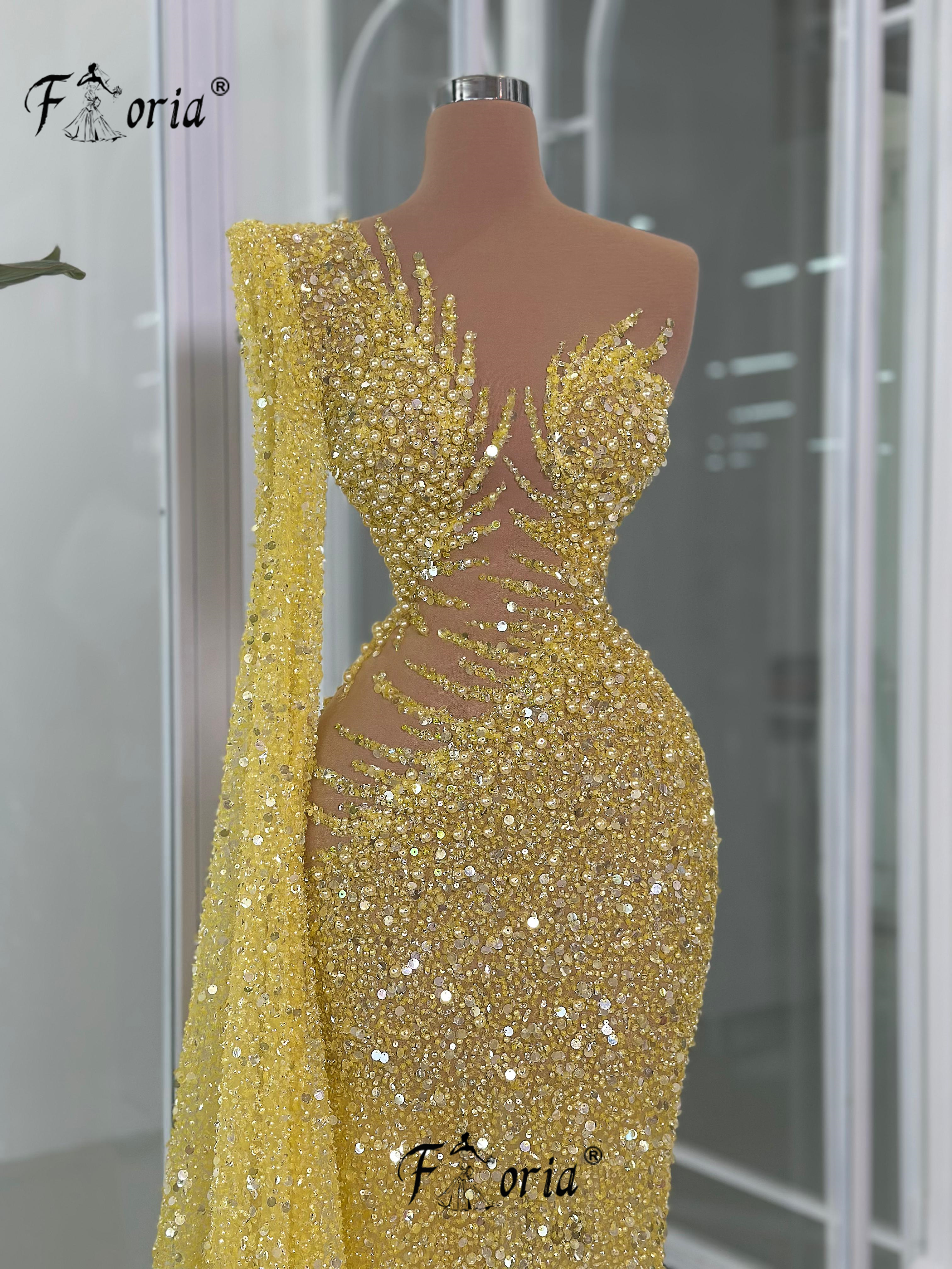 Gelb funkelnde Pailletten Dubai Meerjungfrau Ballkleider Schulter umhang Illusion Perlen Abend party Kleid roten Teppich Kleid Maxi kleid