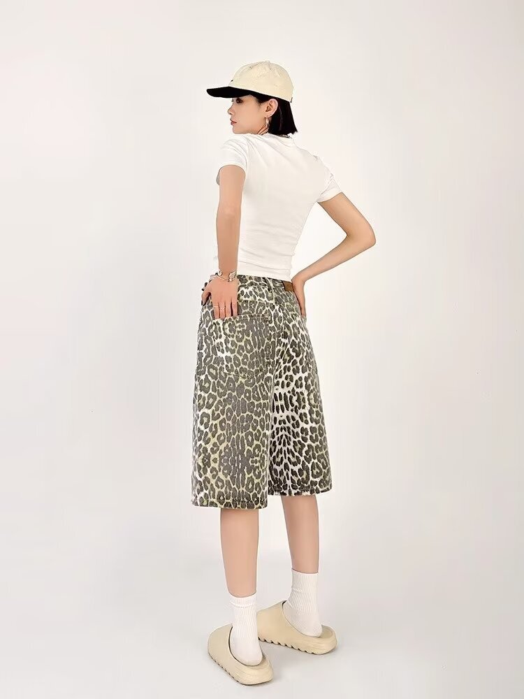 Shorts de verão feminino na moda marca leopardo impressão popular solto e casual tendência versátil calças curtas e jeans femininos