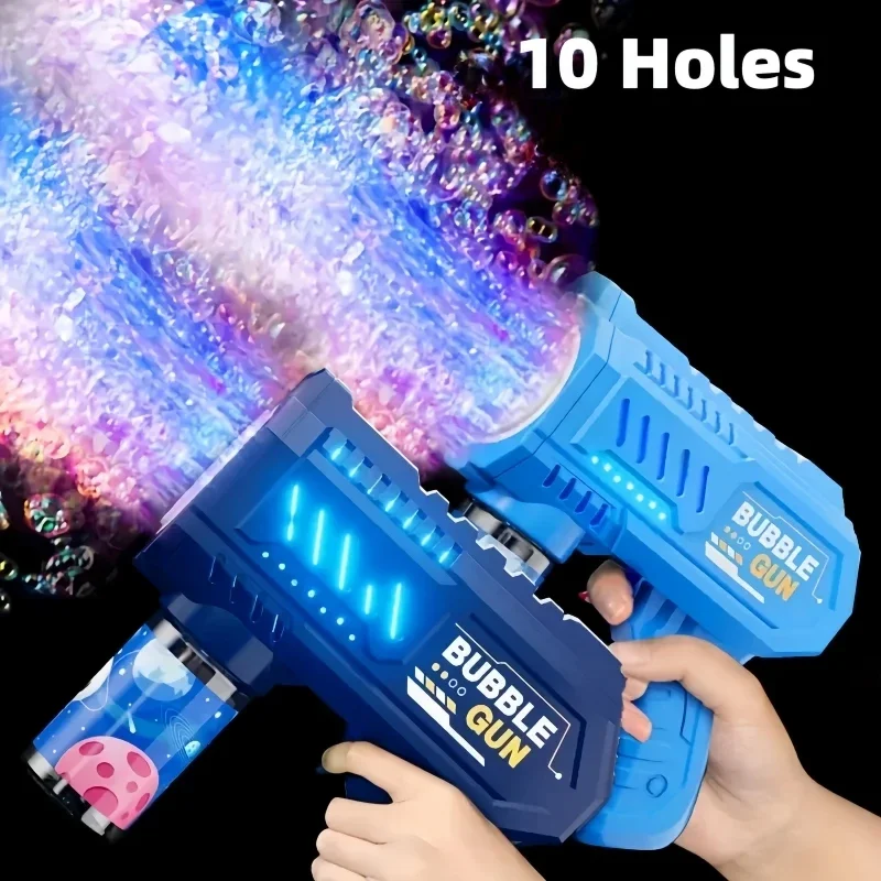 Pistola de burbujas eléctrica para niños con 10 agujeros, cohete, jabón, máquina automática de burbujas, pistola de burbujas para niños, juguetes para soplar burbujas al aire libre de verano