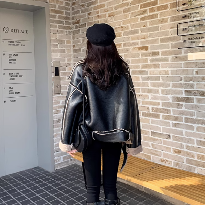 Vestes de moto en cuir Velvet Plus pour femmes, fourrure d'agneau One Short Overcoat, mode adt, épaissir, veste en cuir chaude, hiver