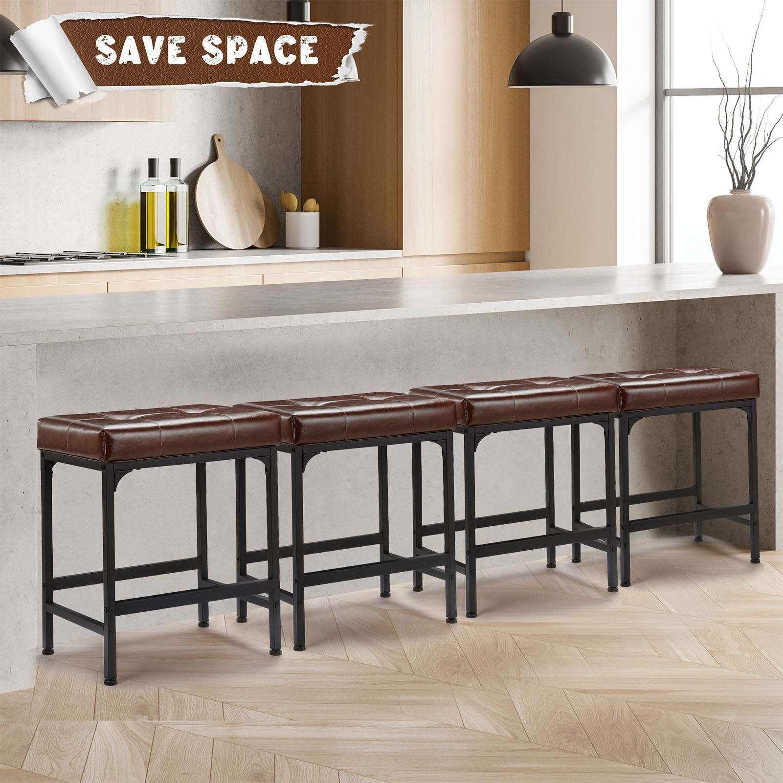 Braune Thekenhocker im 2er-Pack mit gepolstertem Sitz und Metallrahmen – Barhocker mit niedriger Höhe für Küche, Wohnzimmer, Zuhause, Kneipe, bequem