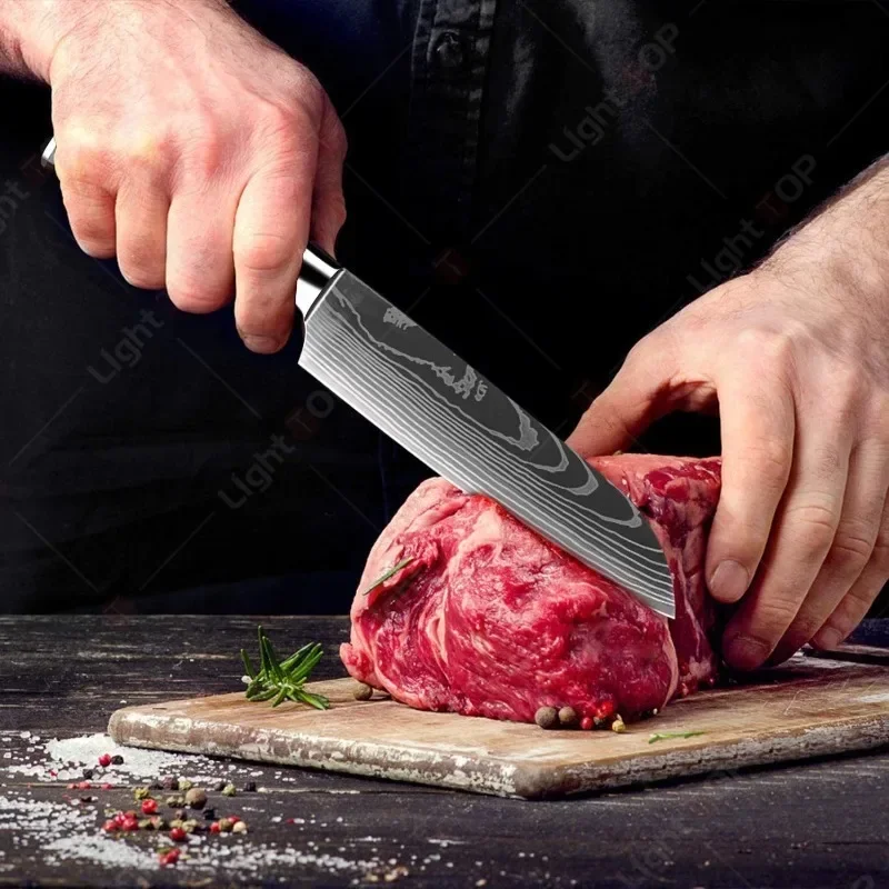 เลเซอร์ดามัสกัสมีดครัว Cleaver เนื้อผลไม้ขนมปังมีดบาร์บีคิว Boning มีดตัดไก่สะดวกกรรไกรมีดครัว