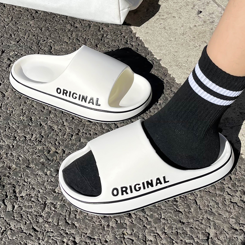 Feslishoet-Zapatillas de playa con letras para hombre y mujer, chanclas antideslizantes de suela gruesa de Color sólido para interior y baño, sandalias de verano para parejas