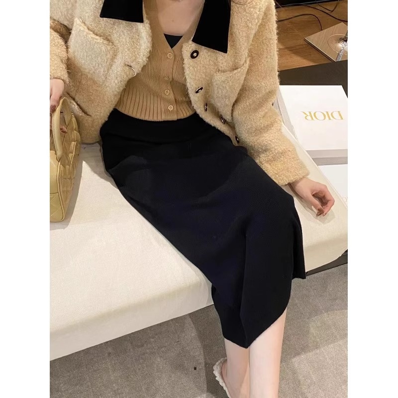 ソフトカシミヤ膝丈レディーススカートハイウエストAラインニットドレス韓国風通勤ピュアカラーミドルスカート