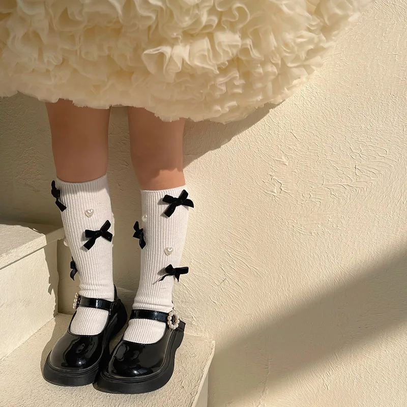 1-13year Princess Girl Stockings Bow Love Pearl Children Long Socks Kids Spring Summer Cotton Leg Sock Solid Color Stockings Sox