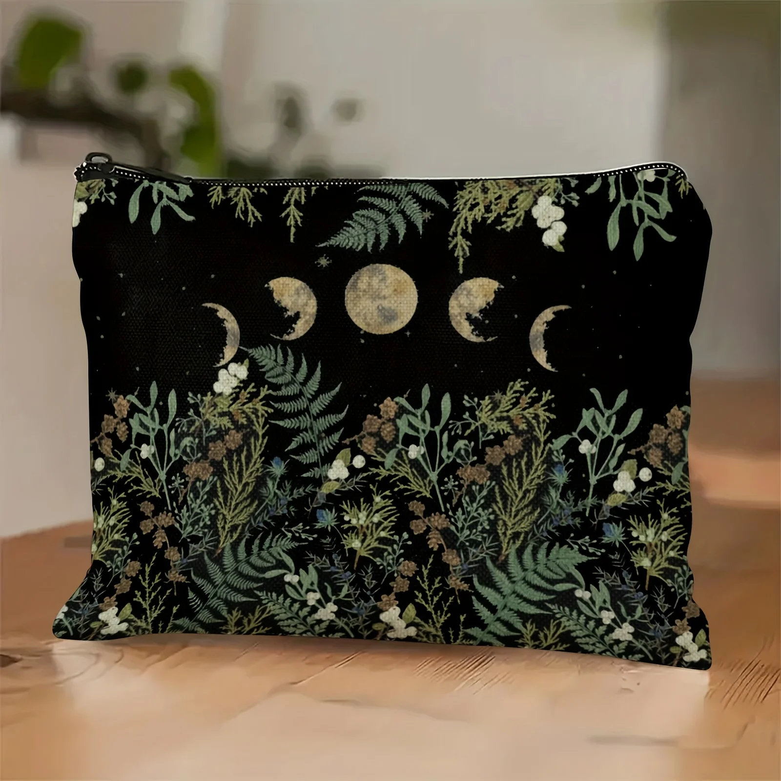 Bruja verde naturaleza fase lunar bosque Boho Tarot bolsa con cremallera bolsa de cosméticos luna creciente y lápices de follaje, accesorios de viaje
