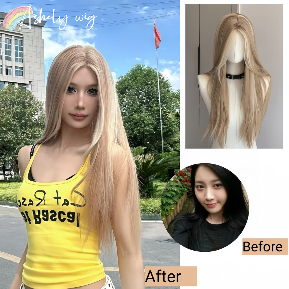 Ashley วิกผมผู้หญิงยาวตรงสีบลอนด์วิกผมสีน้ําตาลเอเชียอเมริกันสไตล์วิกผมลูกไม้ด้านหน้าด้านหน้าสําหรับทุกวันคอสเพลย์ Ombre Peluca