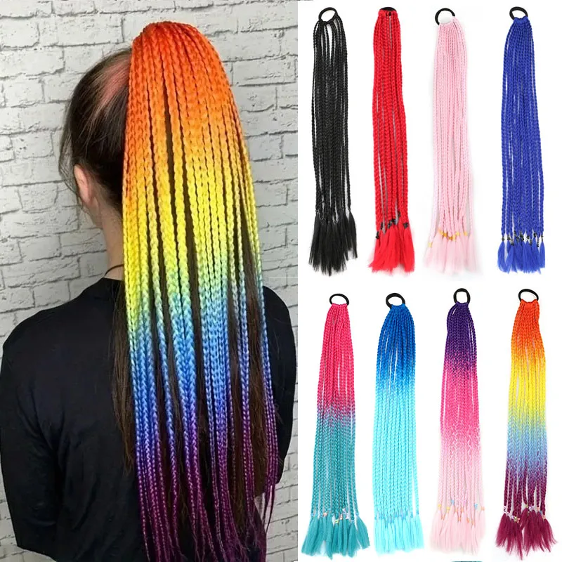 Synthetische 24 Zoll Y2K Regenbogen Schachtelhalm Perücke Lange Boxen Zopf Haar Pferdeschwanz Verlängerung Hochtemperaturfaser Haarteil für Frauen