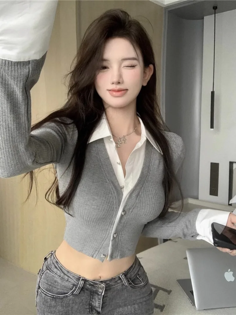 セクシーなショートセクシーなシャツ偽ツーピースシャツ通勤スタイルスリムフィットポリエステル繊維長袖ポロカラー Tシャツ若い女性のための