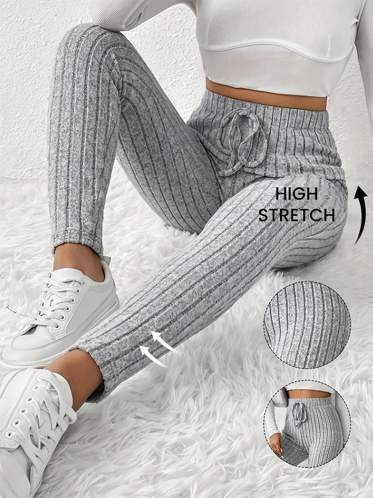 Lässige, dehnbare Damen-Leggings mit Kordelzug für jeden Tag, hohe Taille, einfarbig, atmungsaktiv, Sport-Leggings, weich, bequem
