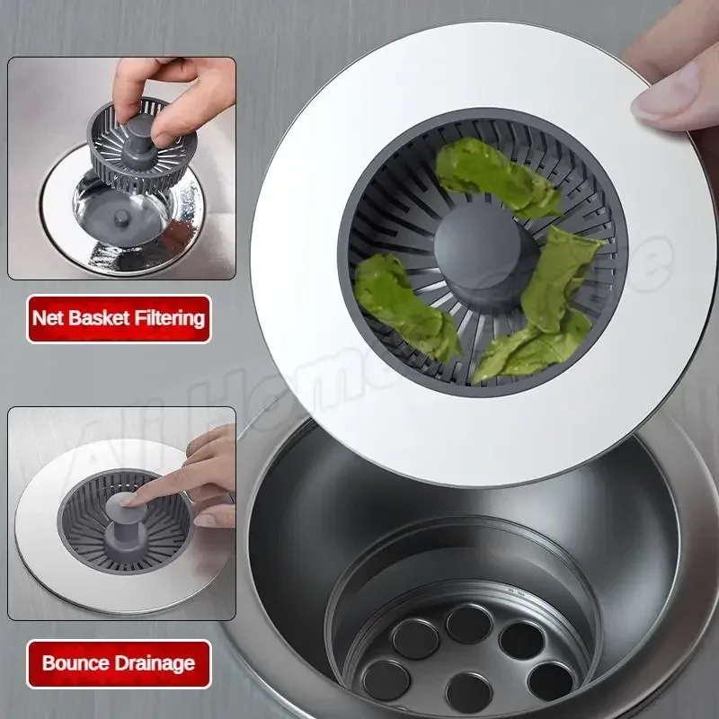 ห้องครัวกรองอ่างล้างจาน 3 ใน 1 Pop Up ABS Silver Plated Sink Strainer ตะกร้าระบายน้ําหยุดการอุดตัน Bouncing Core Leak-proof Plug