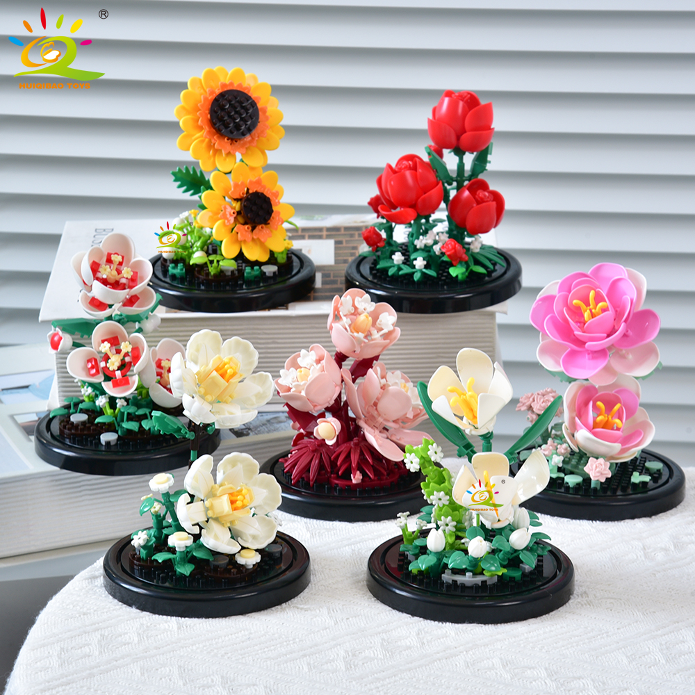 HUIQIBAO MOC 永遠の花束ディスプレイボックスマイクロビルディングブロックフラワーモデル DIY ホームデスク植物装飾レンガのおもちゃ子供のため