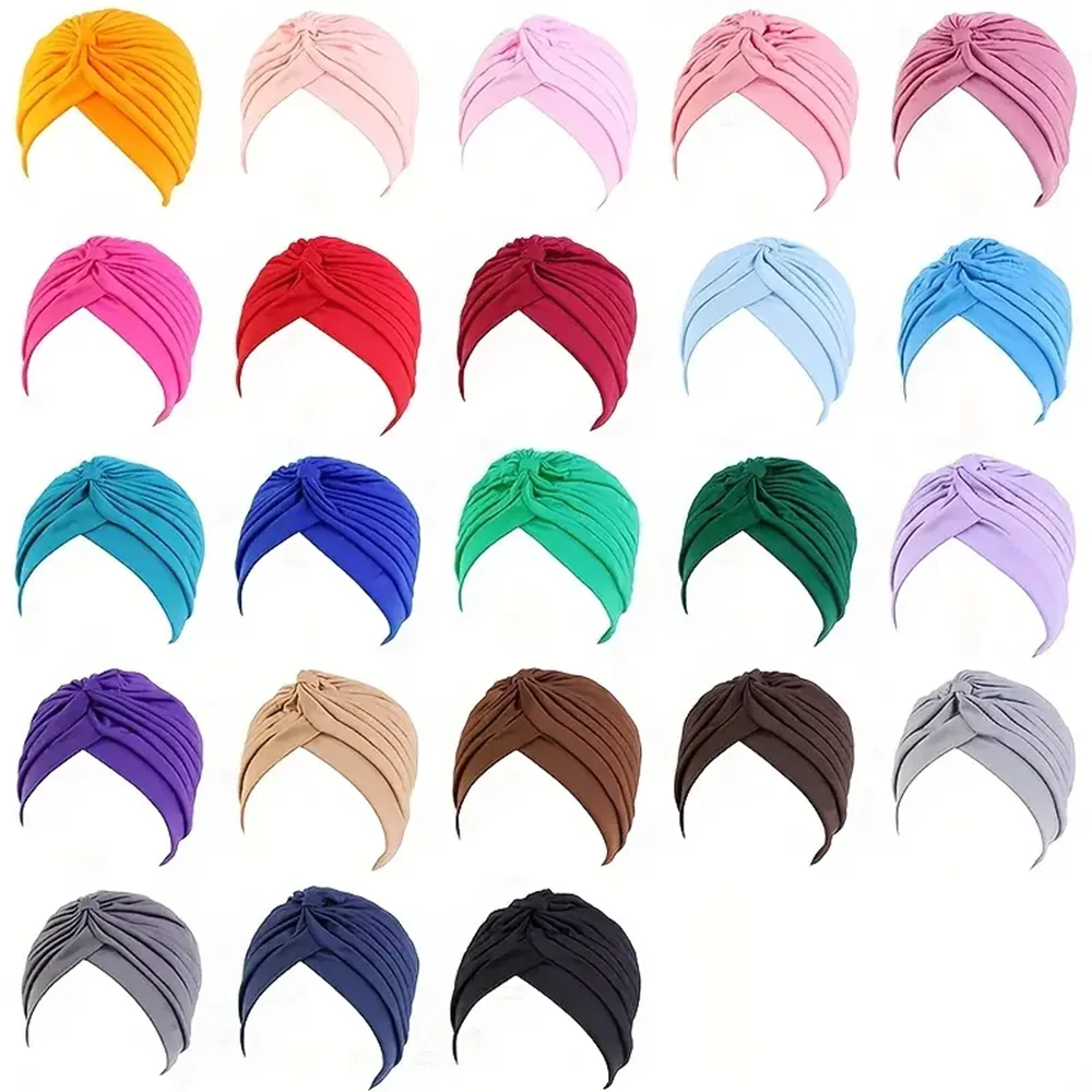 4 pçs/set cor sólida turbante boné elástico cabeça cachecol feminino quimio chapéus casual plissado cabeça envoltório